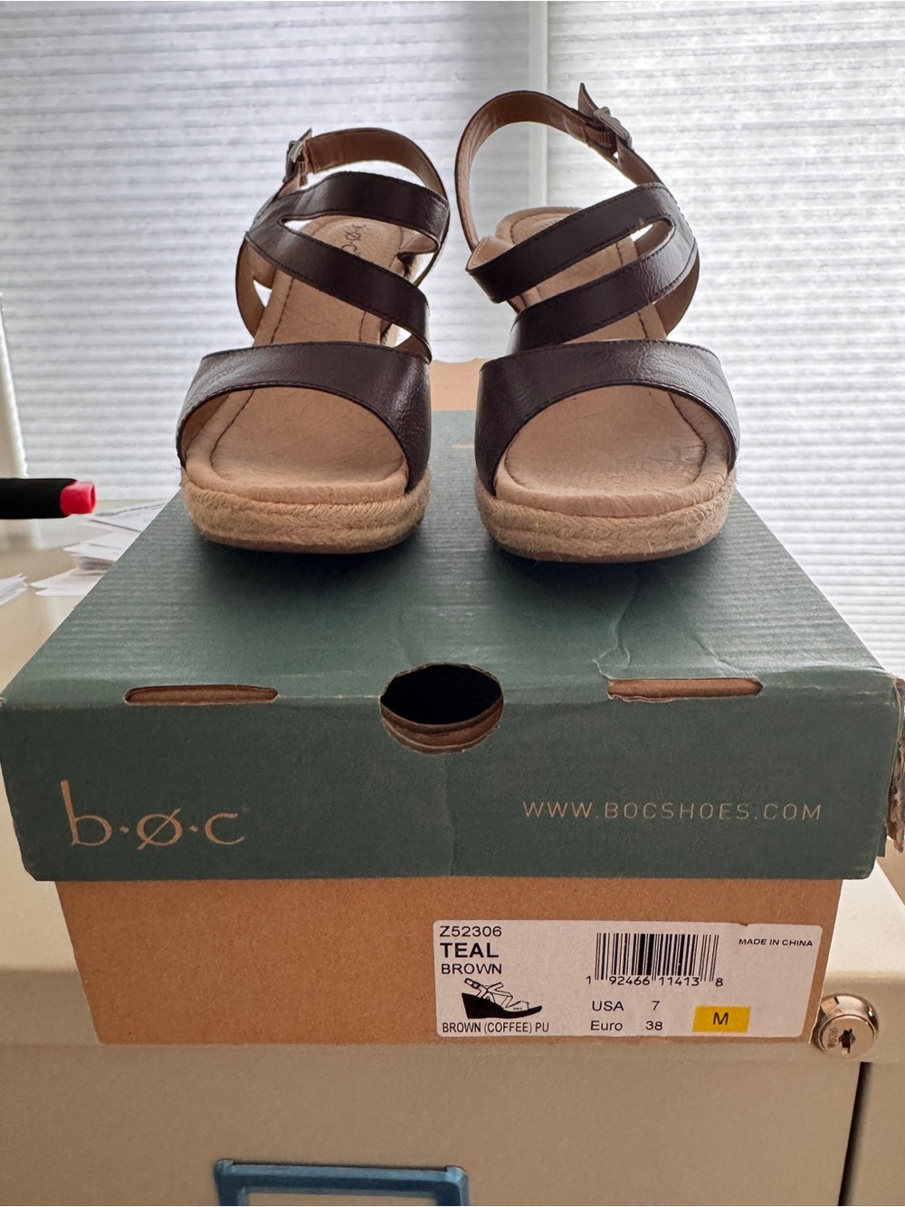 b.o.c. Brown Leather Strappy Espadrille Wedge Sandals